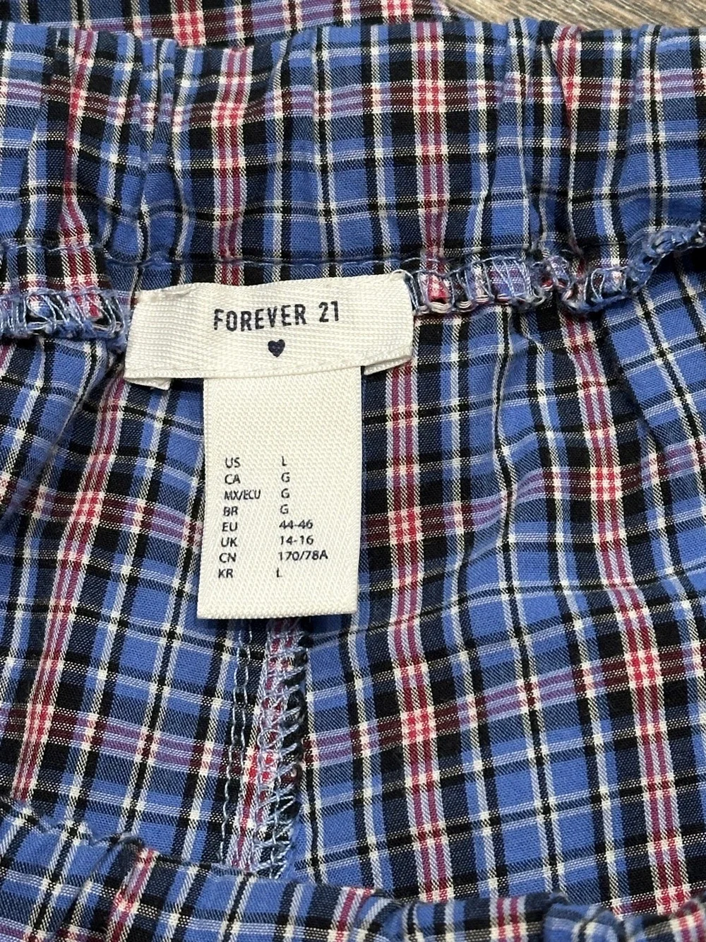 Forever 21 Blue Red White Plaid Pajama Pants Large FLAWED